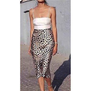 Leopard Skirt for Women Midi Length High Waist Silk Satin Skirts NWT